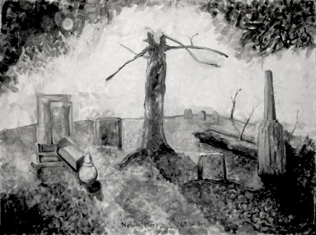Lightning-Struck Tree in Cemetery,60”x 45”, oil on canvas, John Griffin