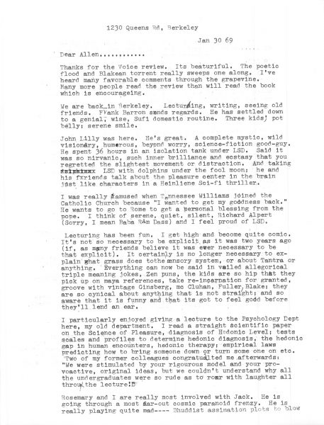 Timothy Leary Letter Allen Ginsberg Berkeley 1969